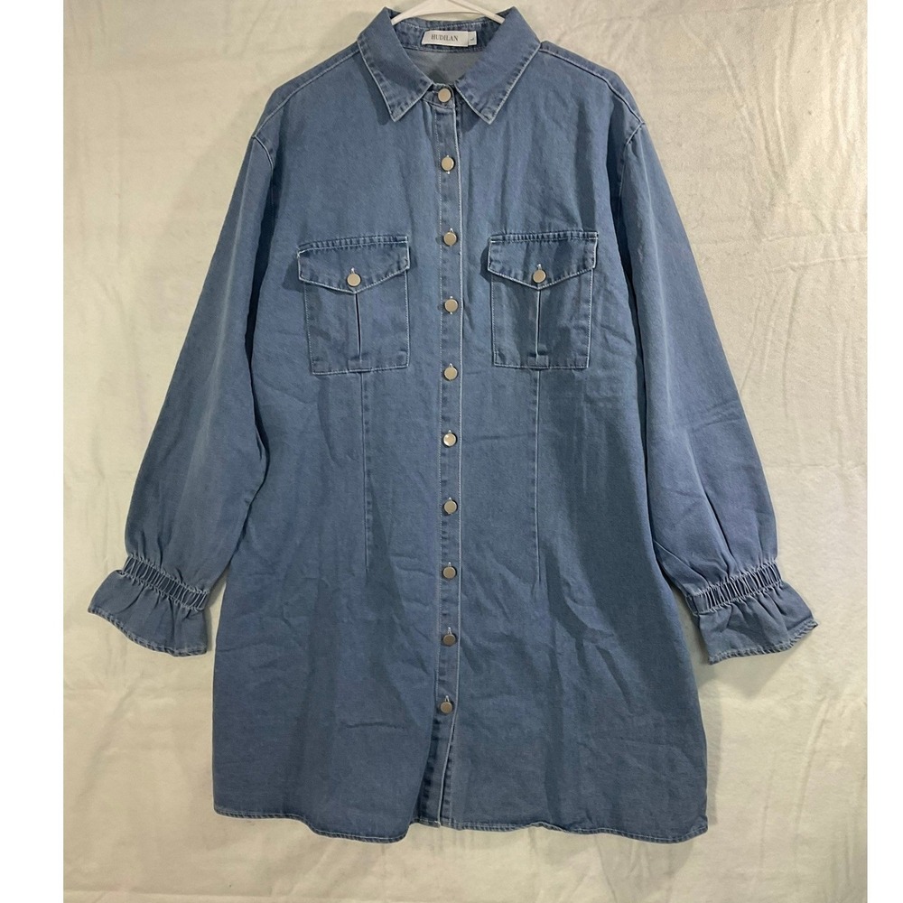 Hudilan Denim Shirt Dress Womens Large Blue Long Sleeve Smocked Cuff Mini Tunic